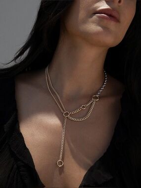AWE INSPIRED 14K Gold Asymmetrical Charm Collector Silver Chain Lariat Necklace